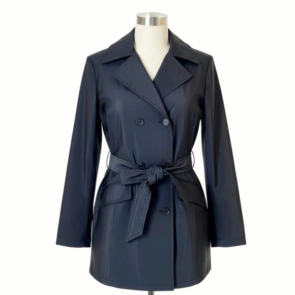 Colebrook VTG 90s Y2K PVC Black Waterproof Short Belted Trench Coat Jacket Sz S - Picture 4 of 9